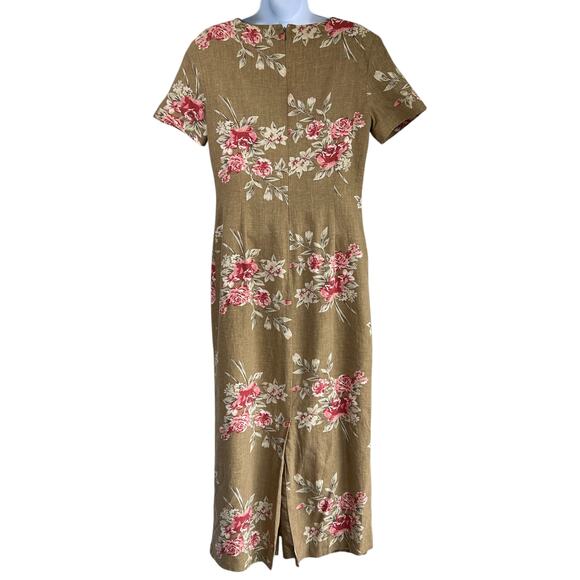 Vintage‎ Rose Bouquet Linen Blend Midi Sheath Dress Taupe Size 10 Cottage Church - Picture 2 of 5